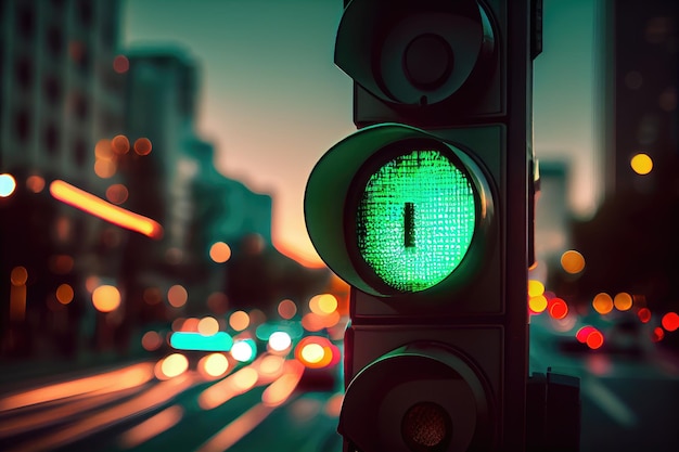 Photo green traffic light with blurred cityscape in the background