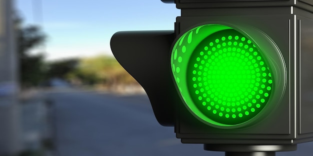 Green traffic lights on blur street background copy space 3d illustration