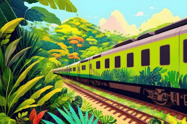 A green train is going through a jungle with a green train going through the jungle.