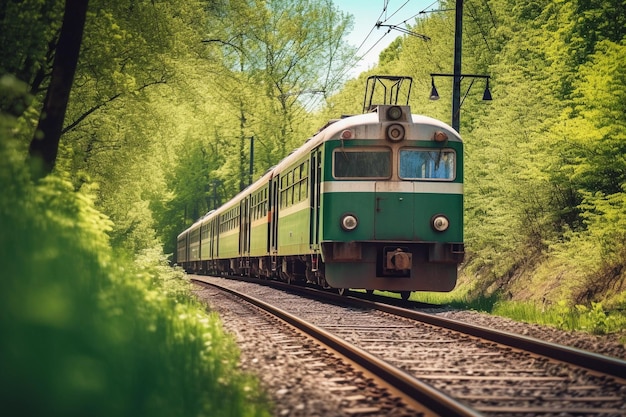 Green train on the tracks in the forest