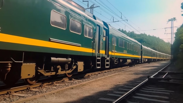 緑色に黄色の縞模様の電車が線路を走っています。