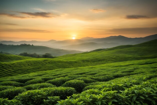 A green and tranquil tea tree field cut out