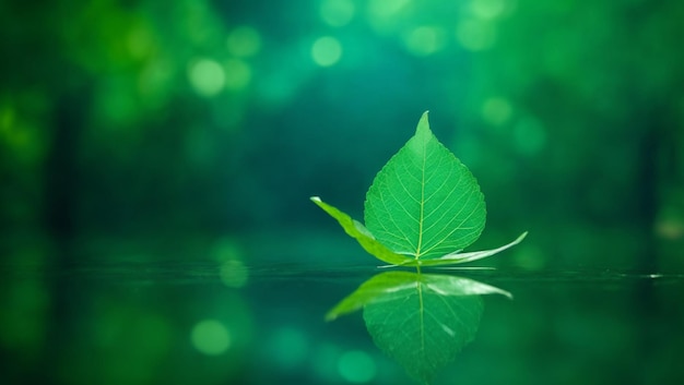 Photo green transparent leaf on mirror surface with reflection on green background