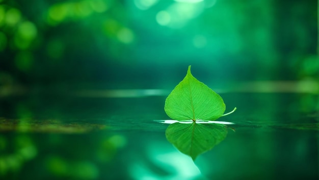 Green transparent leaf on mirror surface with reflection on green background