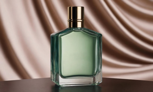 Green transparent luxury glass bottle of perfume fragrance on podium with silk fabric on background