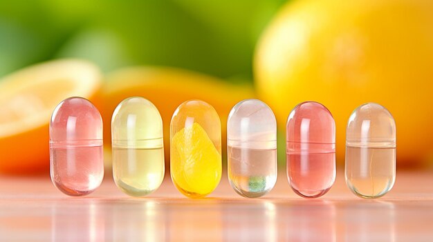 Photo green transparent pill with lemon tangerine kiwi and lime slices