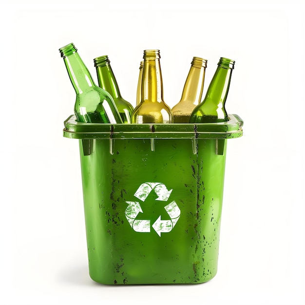 Photo green trash bin with glass bottles recycling sign and recycling concept white background