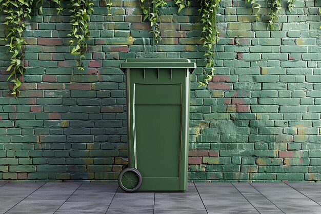 Photo a green trash can next to a brick wall