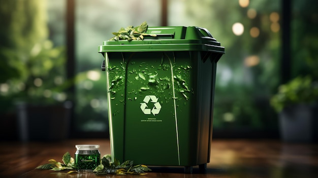 Зеленый мусорный контейнер для переработки отходов Концепция экологии и раздельного сбора отходов