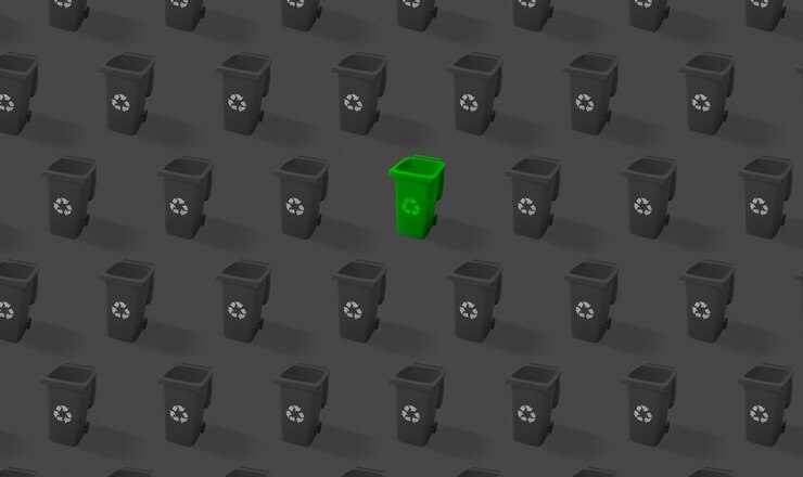 Photo green trash can surrounded by black trash cans