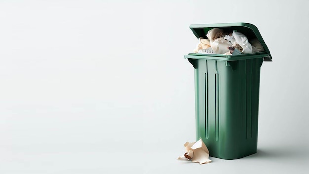 A green trash can with a white background and a white paper on the bottom