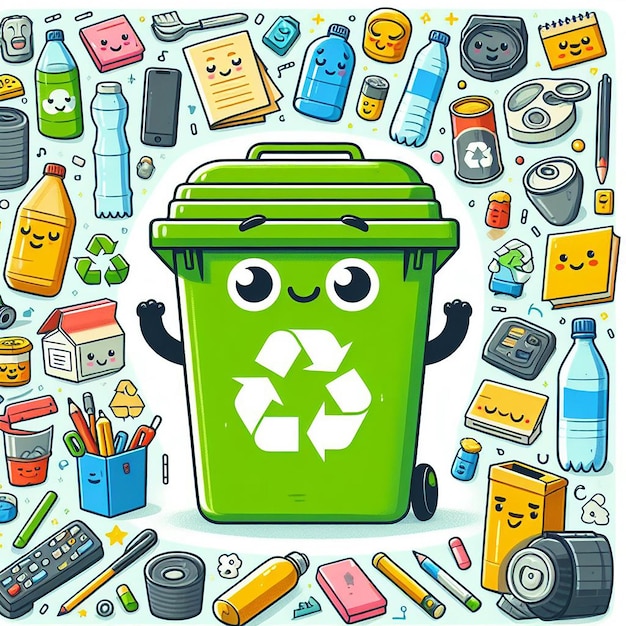 A green trash cartoon of recycling bins