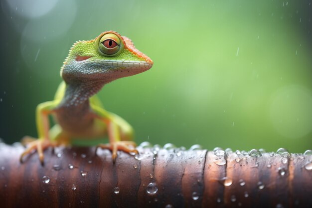 Green tree anole with bright dewlap in rainforest