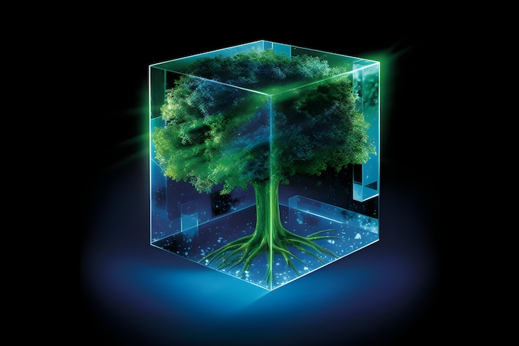Photo a green tree in a cube with the word tree on it