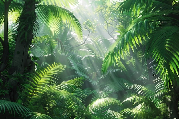 Green tree ferns in tropical jungle