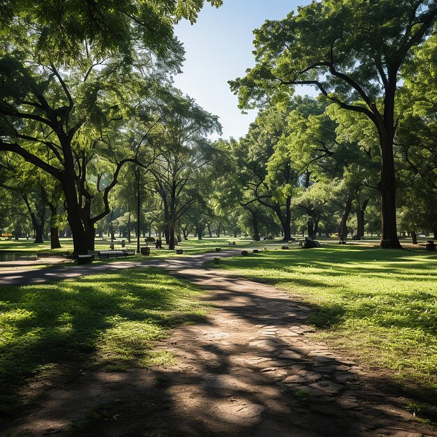 Green tree forest in city public park with green