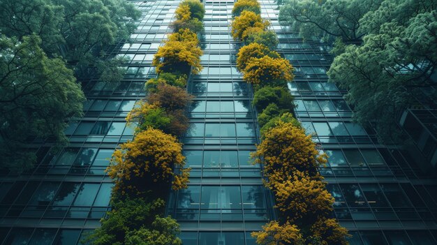 Photo green tree forest on sustainable glass building office building in green environment go green concept with trees and green environment