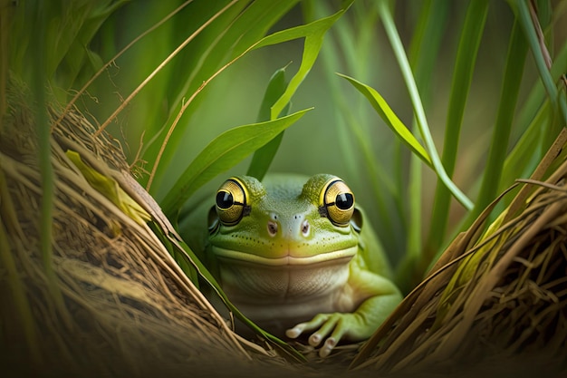 Green tree frog in grass peeking out from among branches on forest floor created with generative ai