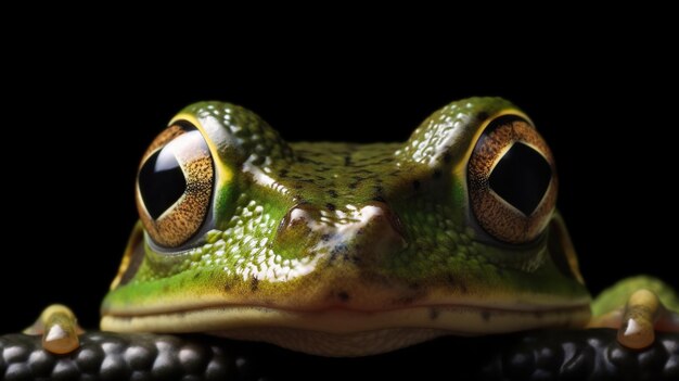 Photo green tree frog isolated on a black background closeup generative ai