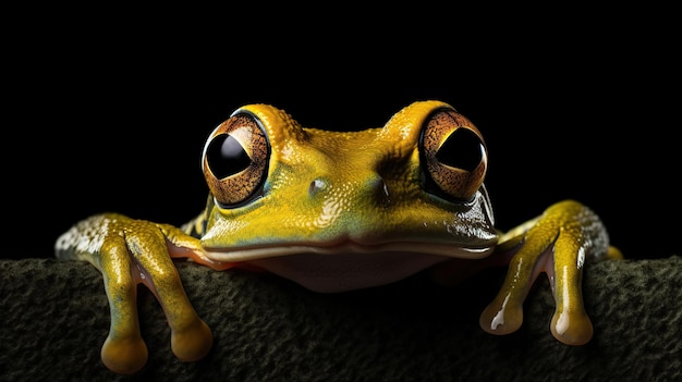 Green tree frog isolated on a black background Closeup generative AI