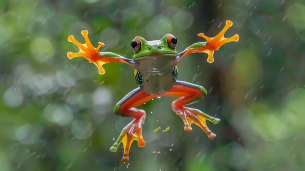 Photo green tree frog jumping in the forest