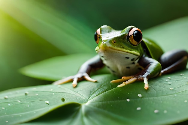 A green tree frog sits on a leaf with the word tree on it.