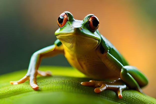 A green tree frog sits on a leaf.