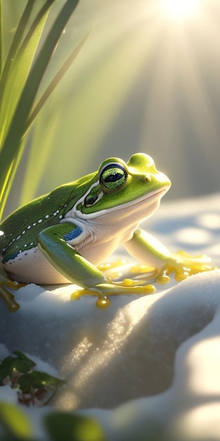 A green tree frog sits on a rock in the sun.