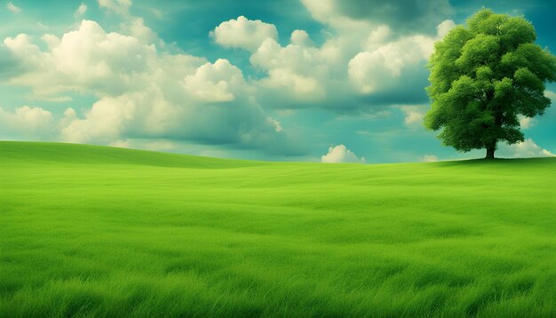 a green tree on a green field with a blue sky and clouds