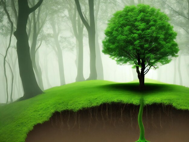 A green tree grows from the ground ai generated