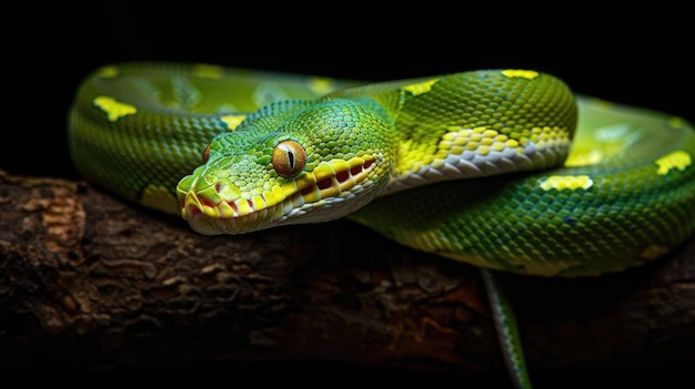 Photo green tree python coiled on branch in natural habitat