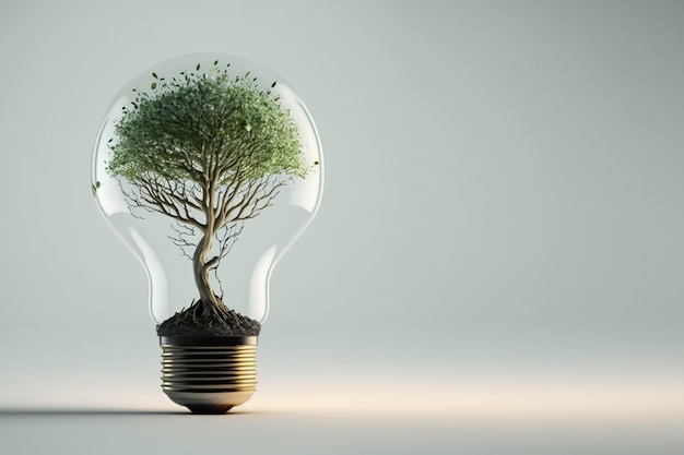 照片一个绿色的树种子行在灯泡生态和技术的概念