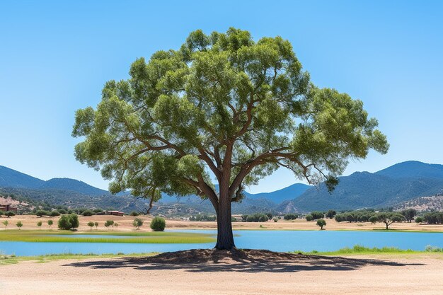 Photo green tree silhouette on lake peaceful landscape background