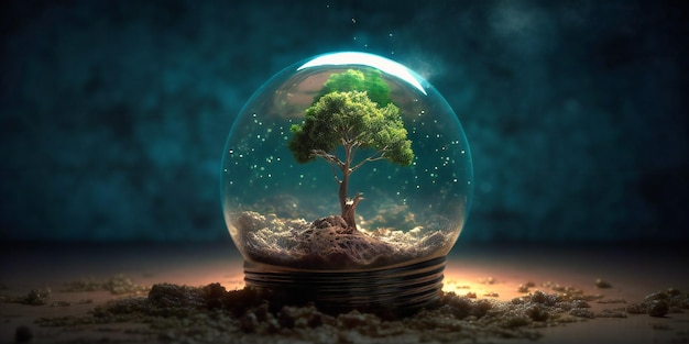 A green tree standing in a glass bulb with some dirt over