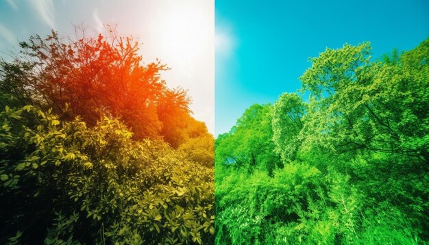 Green tree stands tall in vibrant meadow generated by AI