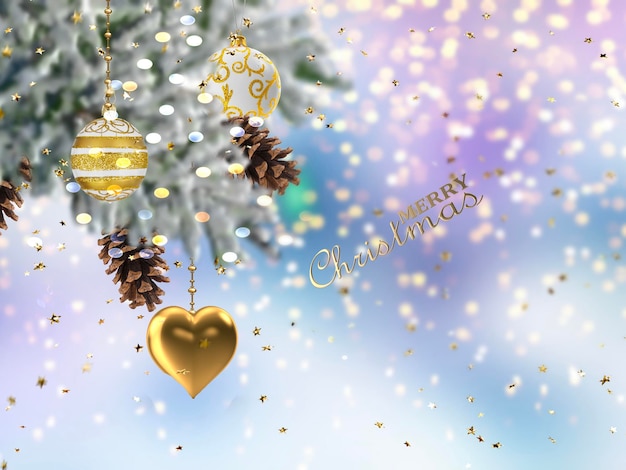 green  tree and white ball festive  snowy blurred with gold star confetti