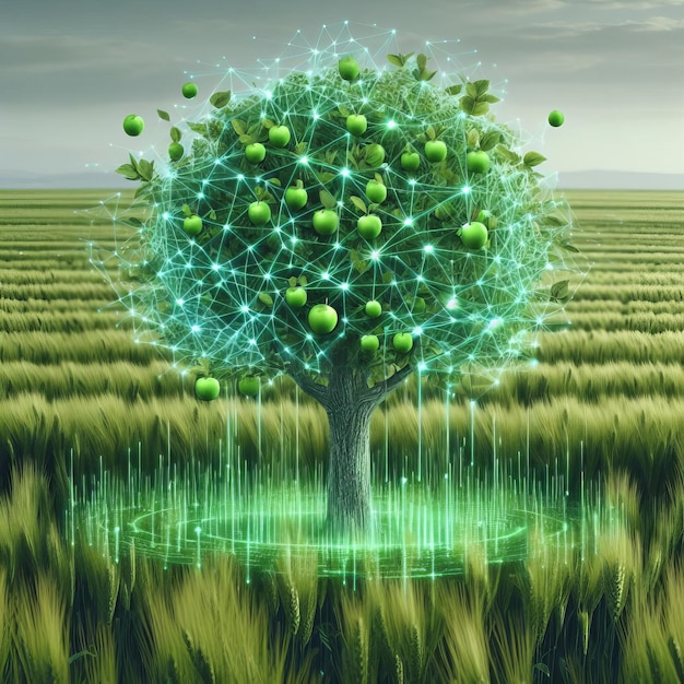 Foto albero verde con rami sotto forma di rete digitale frutti elettronici concetto futuristico