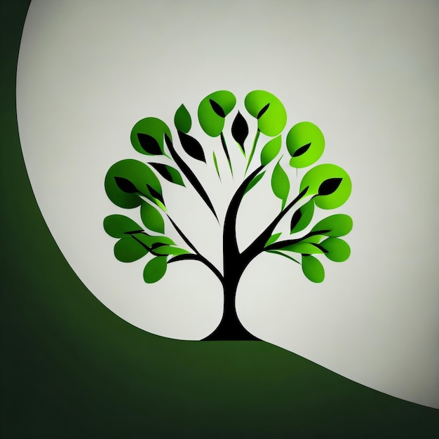 Зеленое дерево с зелеными листьями показано на зелено-белом фоне.