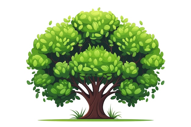 Green tree with a wide leafy top on a backdrop of pure white Spring forest illustration