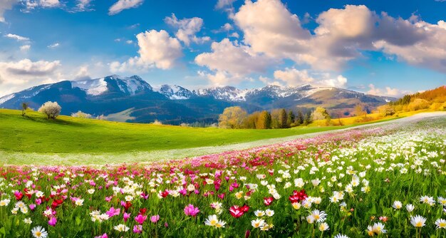 春の緑の木々や花、緑の手つかずの自然のコンセプト