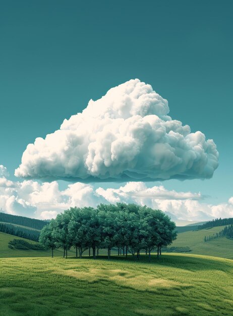 Green trees under a giant cloud