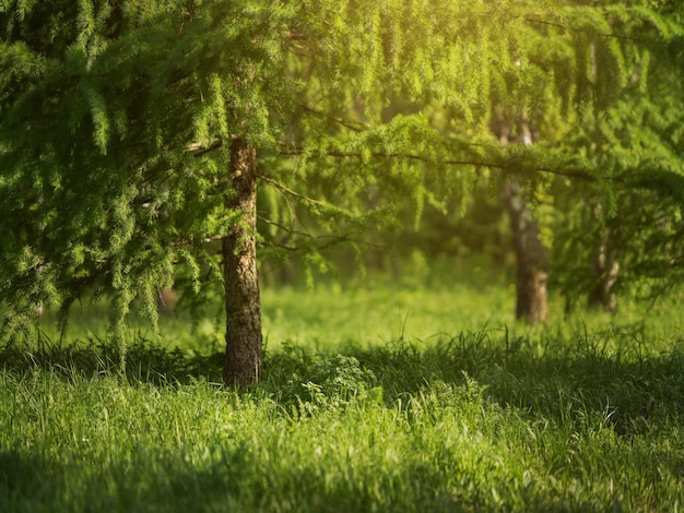 Зеленые деревья и лужайки. Теплый летний фон