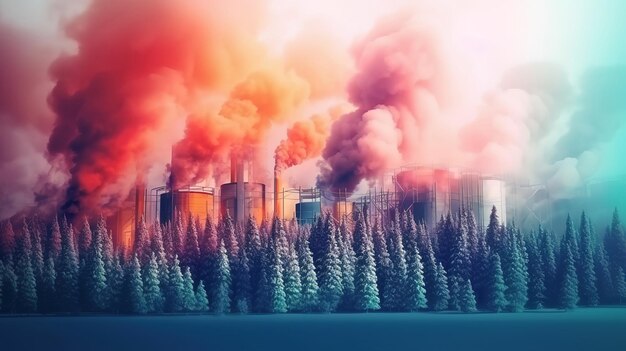 Photo green trees and numerous factory chimneys polluting air generative ai
