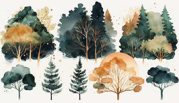 green trees set watercolor style Generative AI