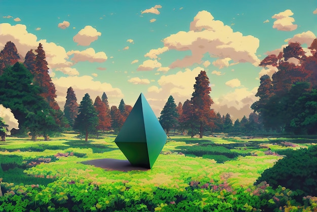 A green triangle is shown in front of a forest