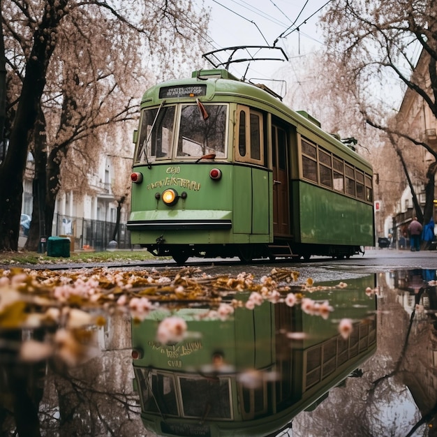 зеленый троллейбус с надписью " название компании " на передней стороне.