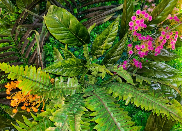 많은 식물과 꽃이 있는 녹색 열대 배경