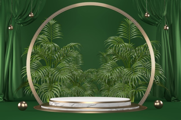 Green Tropical granite Podium geometric and plants decoration on black background .3D rendering