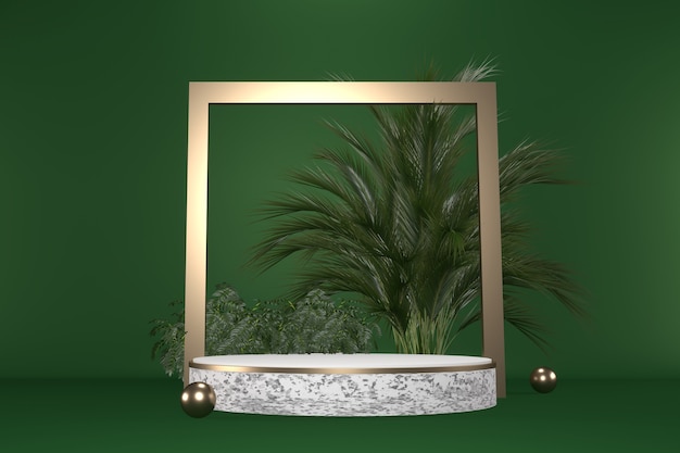 Green Tropical granite Podium geometric and plants decoration on black background .3D rendering