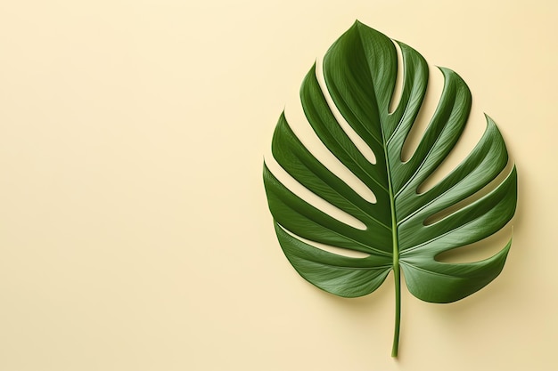 Green tropical leaf on a beige background with copy space